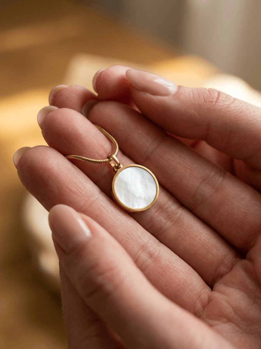 A woman's hands cradling a gold Memoura pendant