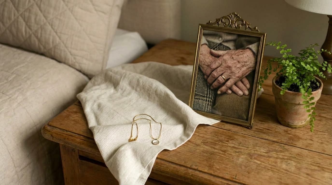 A framed photo of an elderly person's hands beside a pendant necklace on a bedside table