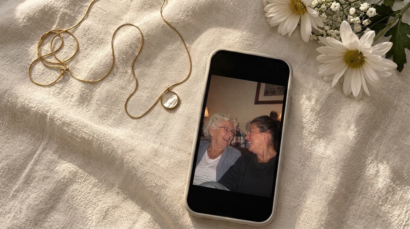 A phone showing a photo of a grandmother and her daughter laughing, beside a locket necklace and daisies