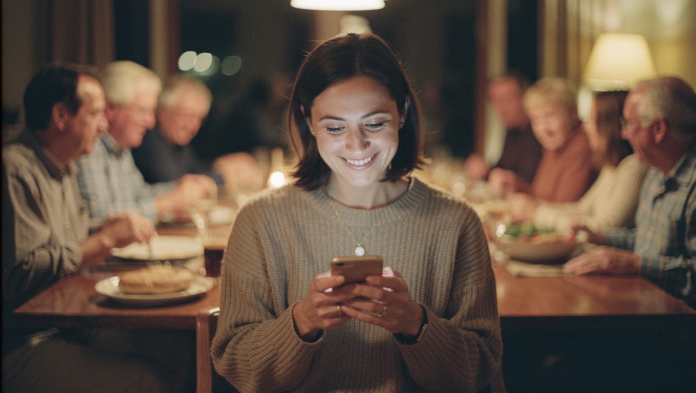 A woman smiling at her phone at a family dinner table