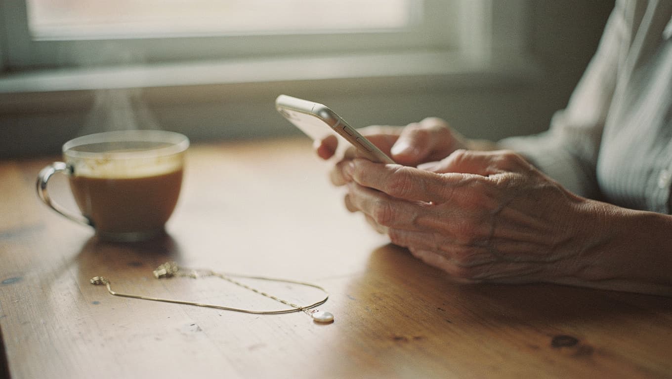 An older woman's hands holding a phone beside a Memoura pendant necklace on a kitchen table