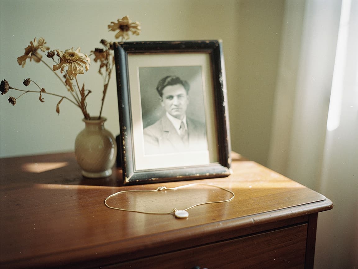 A Memoura necklace draped over a framed vintage photograph on a wooden dresser, beside dried flowers