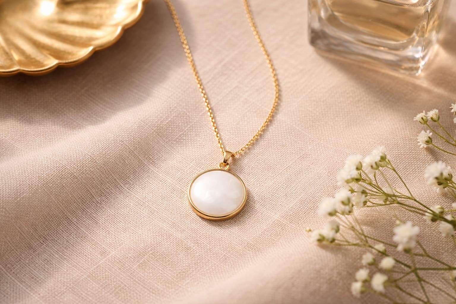 A Memoura gold circle pendant necklace resting on soft warm linen